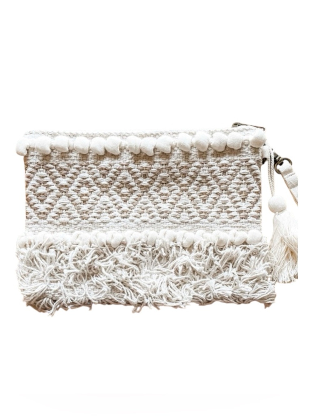 Metallic Boho Clutch Woven Tapestry Fringe Wristlet Tassel zipper in creamy tan